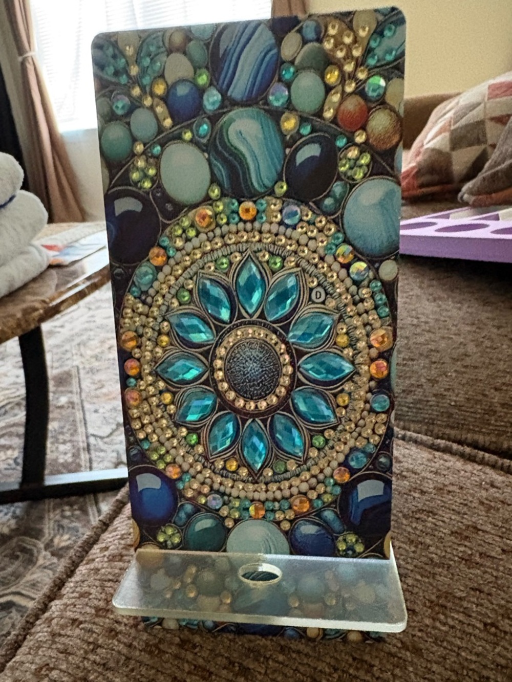 Bejeweled Teal and Turquoise Mandala Phone Stand